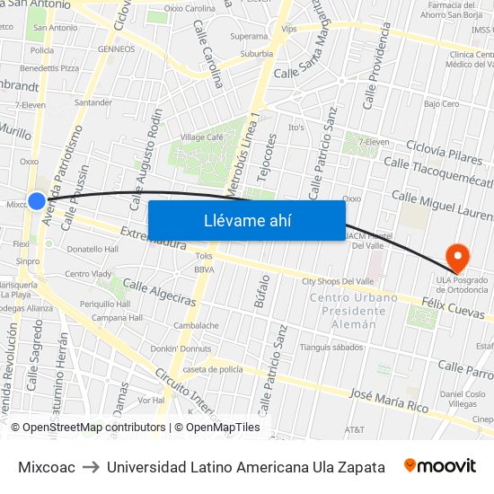 Mixcoac to Universidad Latino Americana Ula Zapata map