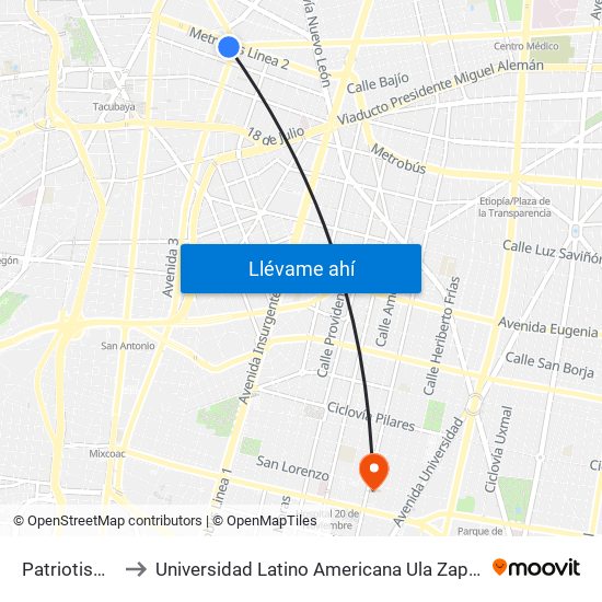 Patriotismo to Universidad Latino Americana Ula Zapata map