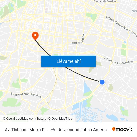 Av. Tlahuac - Metro Periférico Ote. to Universidad Latino Americana Ula Zapata map