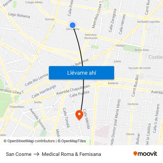 San Cosme to Medical Roma & Femisana map