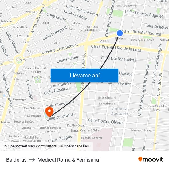 Balderas to Medical Roma & Femisana map