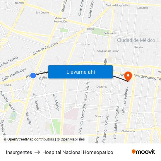 Insurgentes to Hospital Nacional Homeopatico map