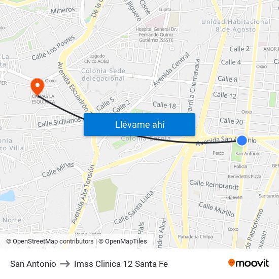 San Antonio to Imss Clinica 12 Santa Fe map