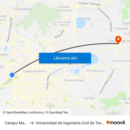 Campo Marte to Universidad de Ingenieria Civil de Texcoco map