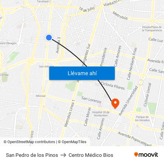 San Pedro de los Pinos to Centro Médico Bios map
