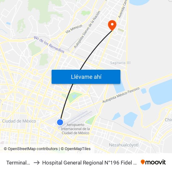 Terminal Aérea to Hospital General Regional N°196 Fidel Velazquez Sanchez map