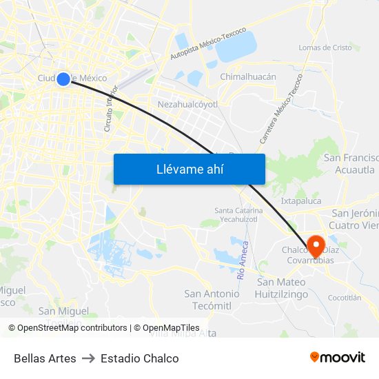 Bellas Artes to Estadio Chalco map