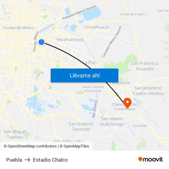 Puebla to Estadio Chalco map