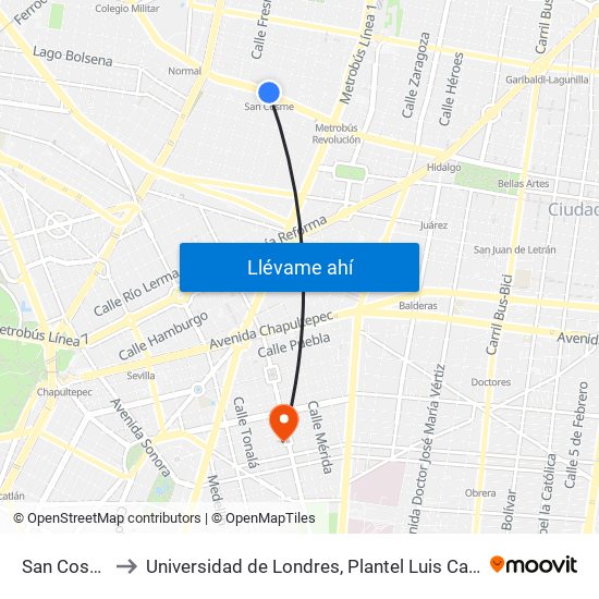 San Cosme to Universidad de Londres, Plantel Luis Cabrera map