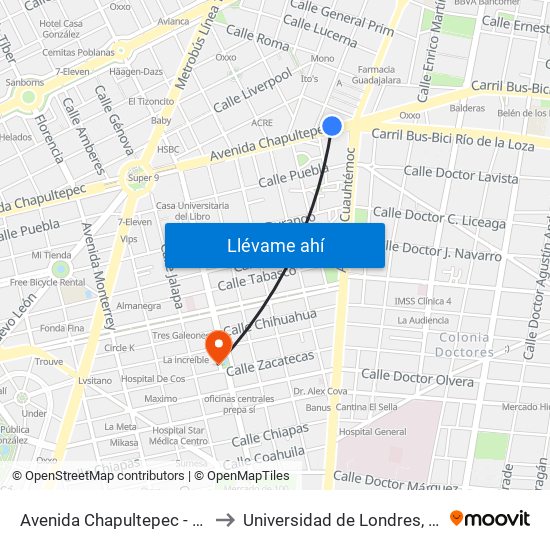 Avenida Chapultepec - Metro Cuauhtémoc to Universidad de Londres, Plantel Luis Cabrera map