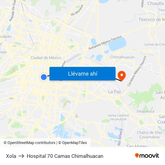Xola to Hospital 70 Camas Chimalhuacan map