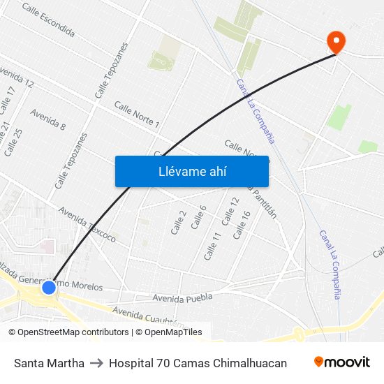 Santa Martha to Hospital 70 Camas Chimalhuacan map