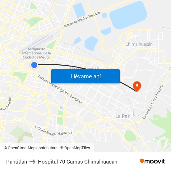 Pantitlán to Hospital 70 Camas Chimalhuacan map