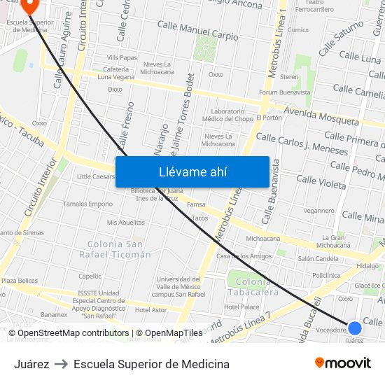 Juárez to Escuela Superior de Medicina map