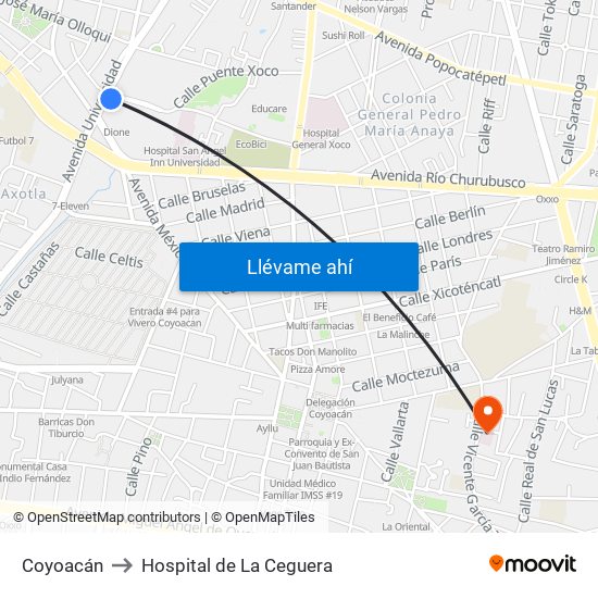 Coyoacán to Hospital de La Ceguera map