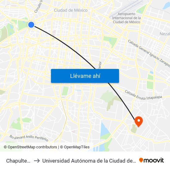 Chapultepec to Universidad Autónoma de la Ciudad de México map
