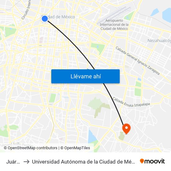 Juárez to Universidad Autónoma de la Ciudad de México map