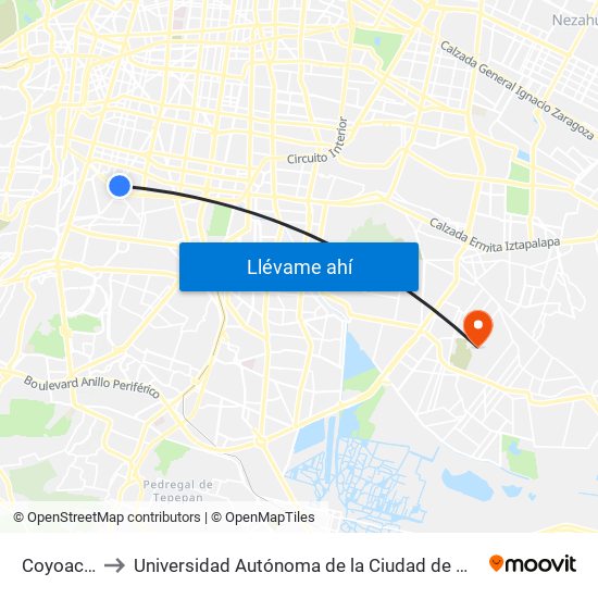 Coyoacán to Universidad Autónoma de la Ciudad de México map