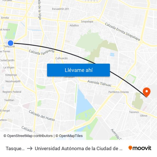 Tasqueña to Universidad Autónoma de la Ciudad de México map