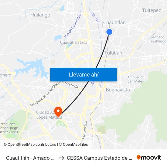 Cuautitlán - Amado Nervo to CESSA Campus Estado de México map