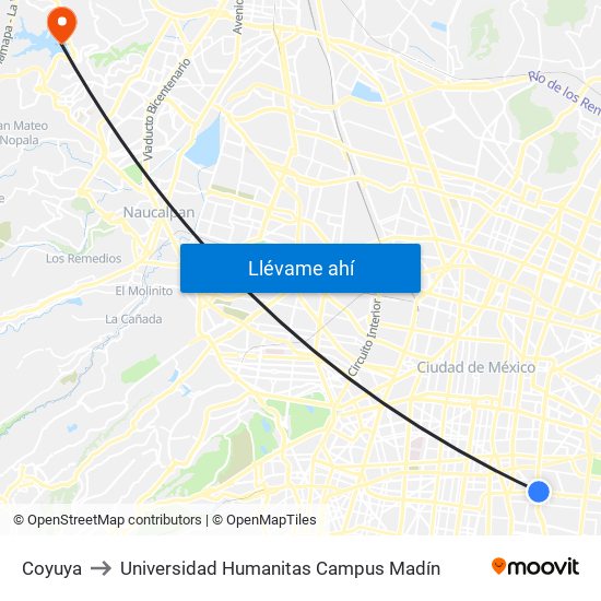 Coyuya to Universidad Humanitas Campus Madín map