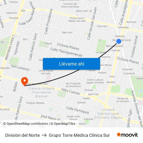 División del Norte to Grupo Torre Médica Clínica Sur map