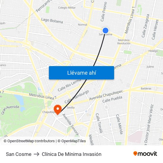 San Cosme to Clínica De Mínima Invasión map