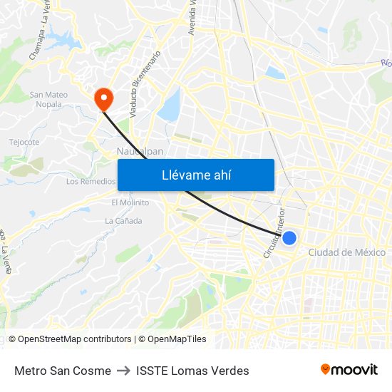 Metro San Cosme to ISSTE Lomas Verdes map