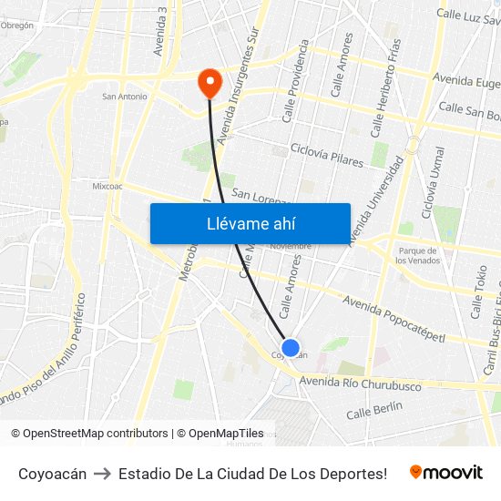 Coyoacán to Estadio De La Ciudad De Los Deportes! map