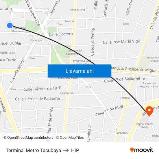 Terminal Metro Tacubaya to HIP map