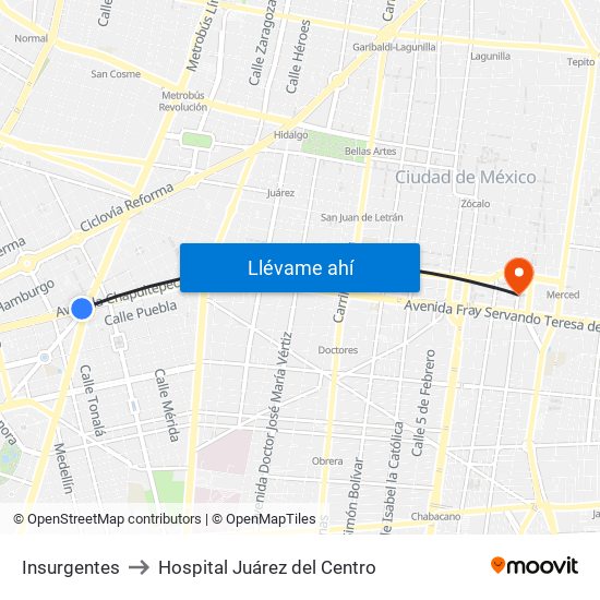 Insurgentes to Hospital Juárez del Centro map