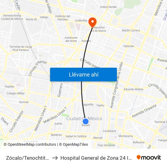 Zócalo/Tenochtitlán to Hospital General de Zona 24 Imss map
