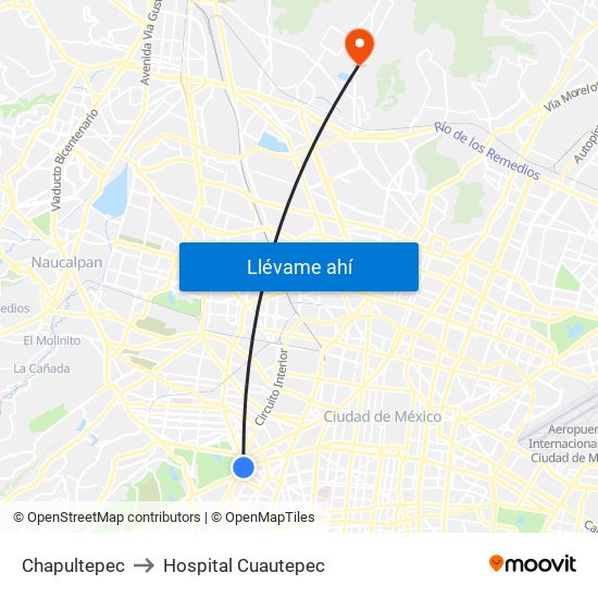 Chapultepec to Hospital Cuautepec map