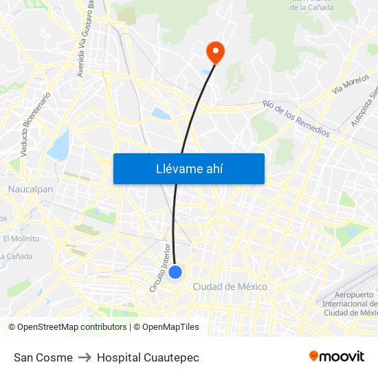 San Cosme to Hospital Cuautepec map