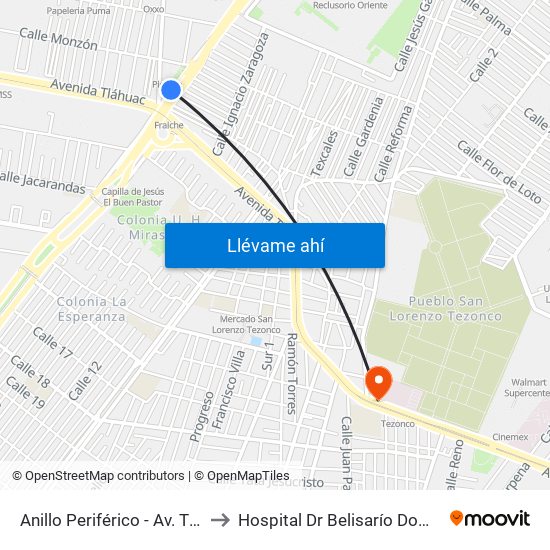 Anillo Periférico - Av. Tláhuac to Hospital Dr Belisarío Domínguez map