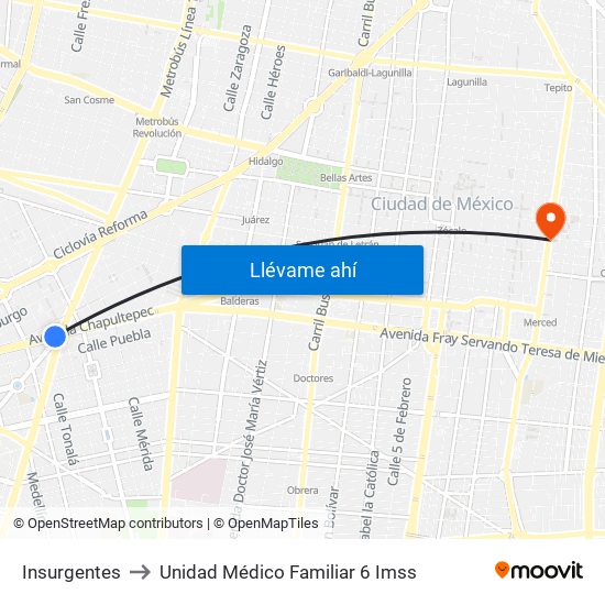 Insurgentes to Unidad Médico Familiar 6 Imss map