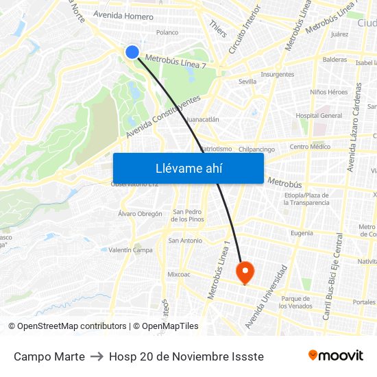 Campo Marte to Hosp 20 de Noviembre Issste map