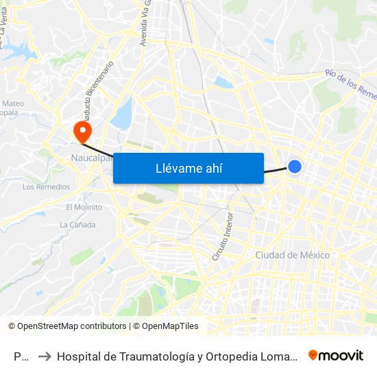 Potrero to Hospital de Traumatología y Ortopedia Lomas Verdes Imss (Hospital Trauma Lomas Verdes Imss) map