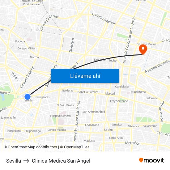 Sevilla to Clinica Medica San Angel map