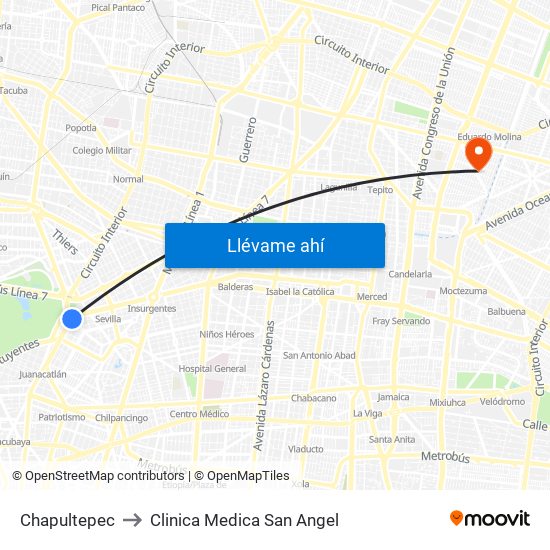 Chapultepec to Clinica Medica San Angel map