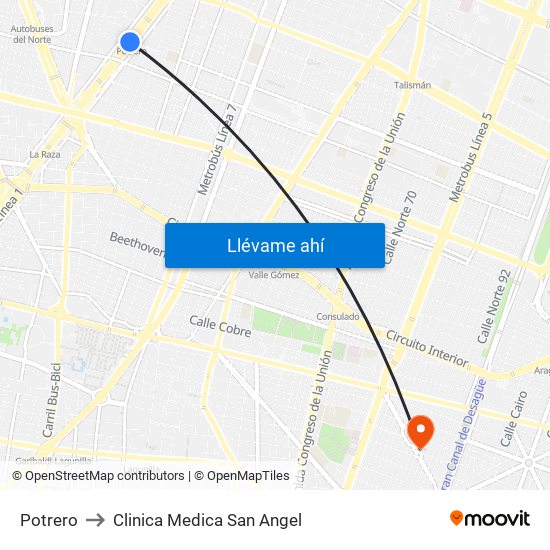 Potrero to Clinica Medica San Angel map