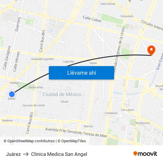 Juárez to Clinica Medica San Angel map