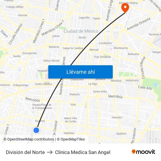 División del Norte to Clinica Medica San Angel map