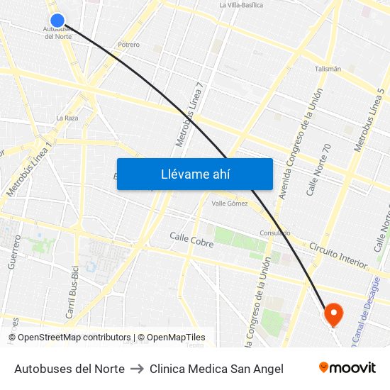 Autobuses del Norte to Clinica Medica San Angel map