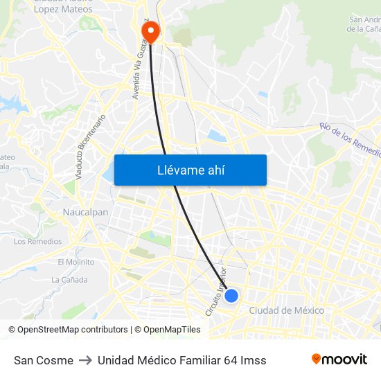 San Cosme to Unidad Médico Familiar 64 Imss map