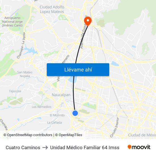 Cuatro Caminos to Unidad Médico Familiar 64 Imss map
