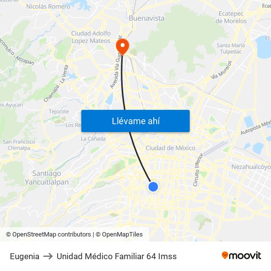 Eugenia to Unidad Médico Familiar 64 Imss map