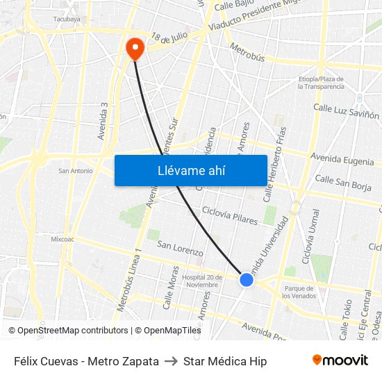 Félix Cuevas - Metro Zapata to Star Médica Hip map