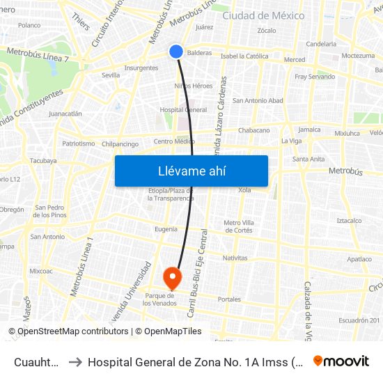 Cuauhtémoc to Hospital General de Zona No. 1A Imss (Hgz No. 1A Imss) map