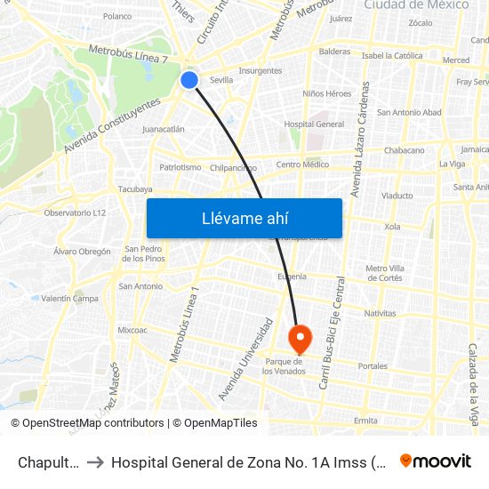Chapultepec to Hospital General de Zona No. 1A Imss (Hgz No. 1A Imss) map
